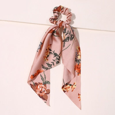 Floral  Bow Satin Long Ribbon Ponytail Scarf Hair Tie Scrunchies - KiwisLove