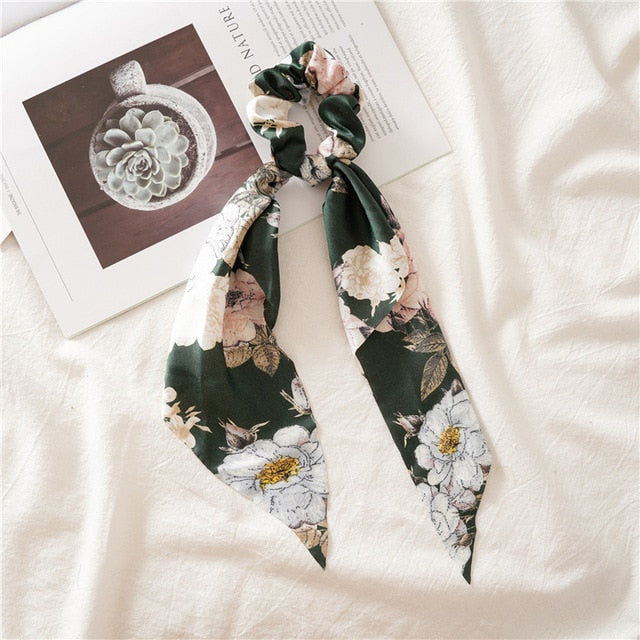 Floral  Bow Satin Long Ribbon Ponytail Scarf Hair Tie Scrunchies - KiwisLove