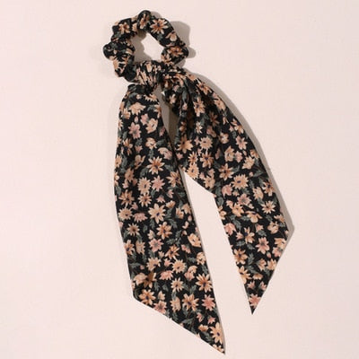 Floral  Bow Satin Long Ribbon Ponytail Scarf Hair Tie Scrunchies - KiwisLove