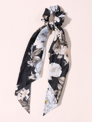 Floral  Bow Satin Long Ribbon Ponytail Scarf Hair Tie Scrunchies - KiwisLove