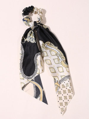 Floral  Bow Satin Long Ribbon Ponytail Scarf Hair Tie Scrunchies - KiwisLove