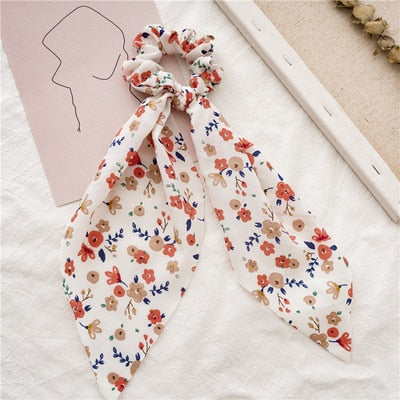 Floral  Bow Satin Long Ribbon Ponytail Scarf Hair Tie Scrunchies - KiwisLove