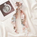 Floral  Bow Satin Long Ribbon Ponytail Scarf Hair Tie Scrunchies - KiwisLove