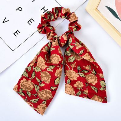 Floral  Bow Satin Long Ribbon Ponytail Scarf Hair Tie Scrunchies - KiwisLove