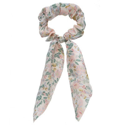 Floral  Bow Satin Long Ribbon Ponytail Scarf Hair Tie Scrunchies - KiwisLove
