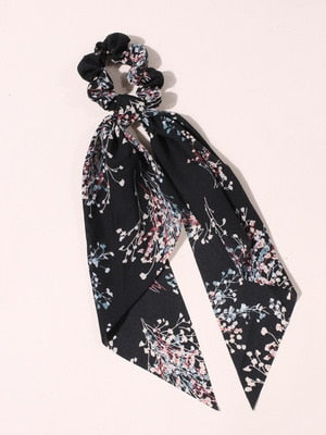 Floral  Bow Satin Long Ribbon Ponytail Scarf Hair Tie Scrunchies - KiwisLove