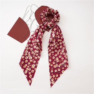 Floral  Bow Satin Long Ribbon Ponytail Scarf Hair Tie Scrunchies - KiwisLove