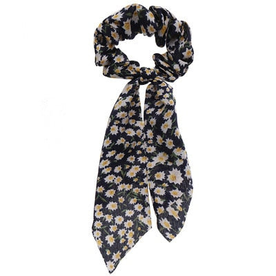 Floral  Bow Satin Long Ribbon Ponytail Scarf Hair Tie Scrunchies - KiwisLove