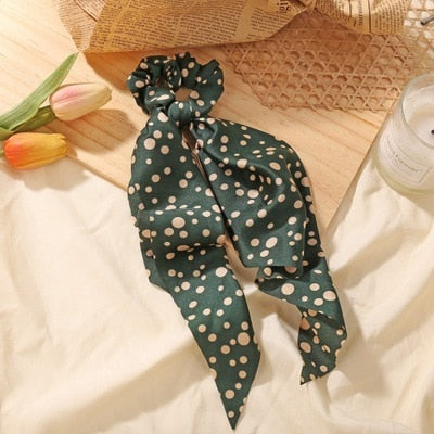 Floral  Bow Satin Long Ribbon Ponytail Scarf Hair Tie Scrunchies - KiwisLove