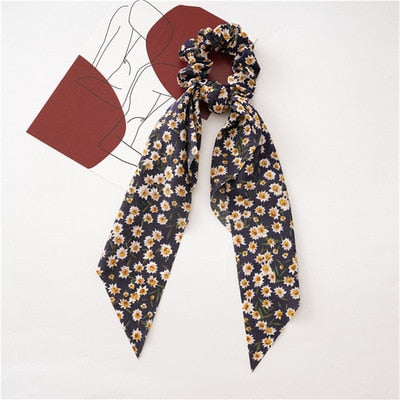 Floral  Bow Satin Long Ribbon Ponytail Scarf Hair Tie Scrunchies - KiwisLove