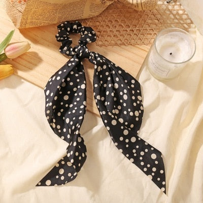 Floral  Bow Satin Long Ribbon Ponytail Scarf Hair Tie Scrunchies - KiwisLove
