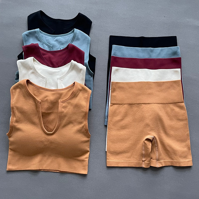 Women Yoga Sets Seamless U Collar Vest Fitness Suits  High Waist Shorts Running Sport - KiwisLove