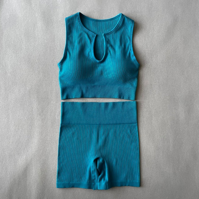 Women Yoga Sets Seamless U Collar Vest Fitness Suits  High Waist Shorts Running Sport - KiwisLove