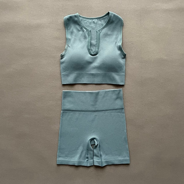 Women Yoga Sets Seamless U Collar Vest Fitness Suits  High Waist Shorts Running Sport - KiwisLove