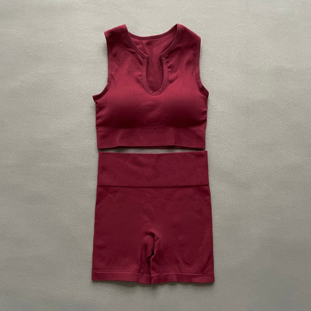 Women Yoga Sets Seamless U Collar Vest Fitness Suits  High Waist Shorts Running Sport - KiwisLove