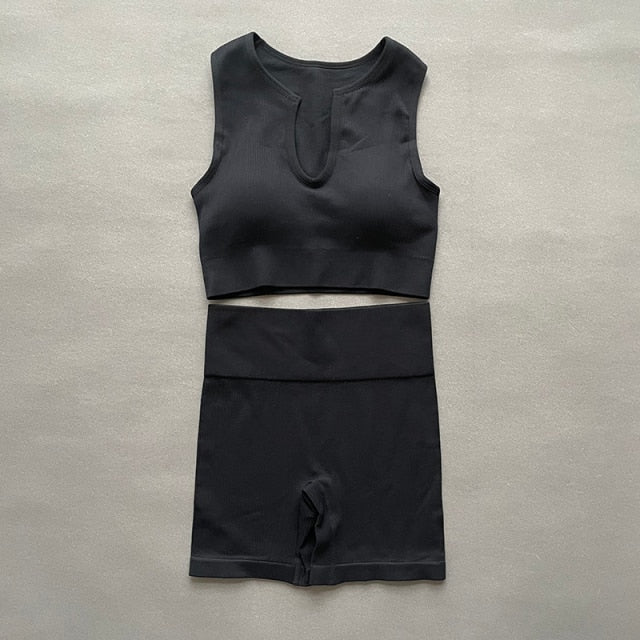 Women Yoga Sets Seamless U Collar Vest Fitness Suits  High Waist Shorts Running Sport - KiwisLove