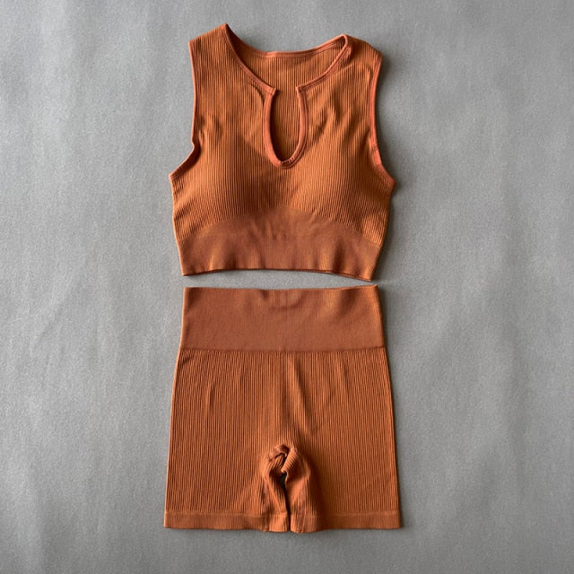 Women Yoga Sets Seamless U Collar Vest Fitness Suits  High Waist Shorts Running Sport - KiwisLove