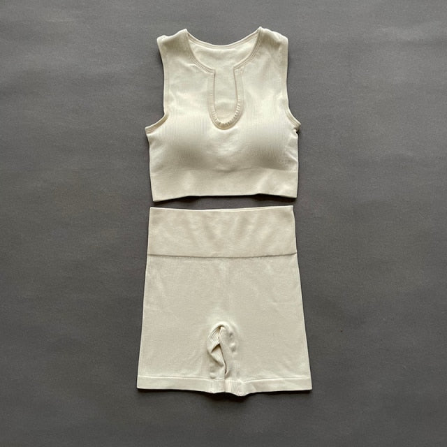Women Yoga Sets Seamless U Collar Vest Fitness Suits  High Waist Shorts Running Sport - KiwisLove