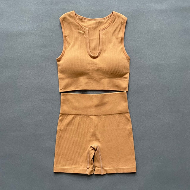 Women Yoga Sets Seamless U Collar Vest Fitness Suits  High Waist Shorts Running Sport - KiwisLove
