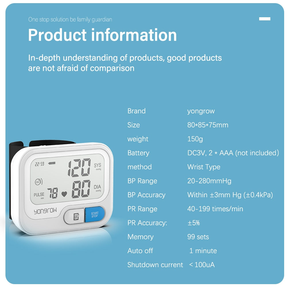 Yongrow Automatic Digital Wrist Blood Pressure Monitor Sphygmomanometer Tonometer Tensiometer Heart Rate Pulse Meter BP Monitor - KiwisLove