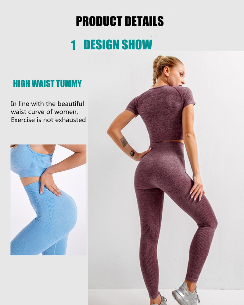 Sise L Seamless Yoga Set Workout Gym Fitness Long Sleeve Crop Top High Waist Leggings - KiwisLove