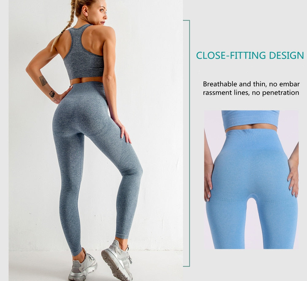 Sise S Seamless Yoga Set Workout Gym Fitness Long Sleeve Crop Top High Waist Leggings - KiwisLove