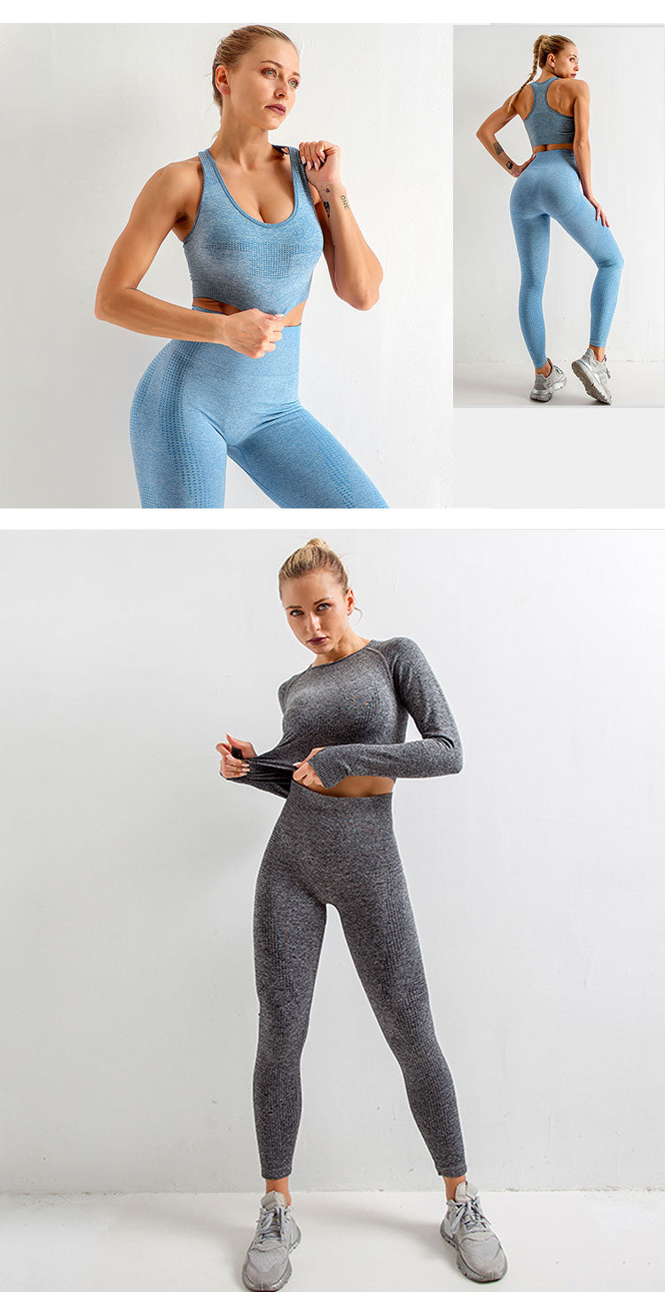 Sise L Seamless Yoga Set Workout Gym Fitness Long Sleeve Crop Top High Waist Leggings - KiwisLove