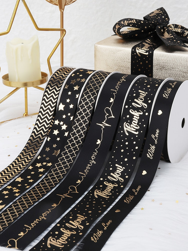 Gift Ribbon Satin Stars/With Love/Love You/Thank You Gold Foil Printed For Gift Wrapping Decoration DIY Craft - KiwisLove