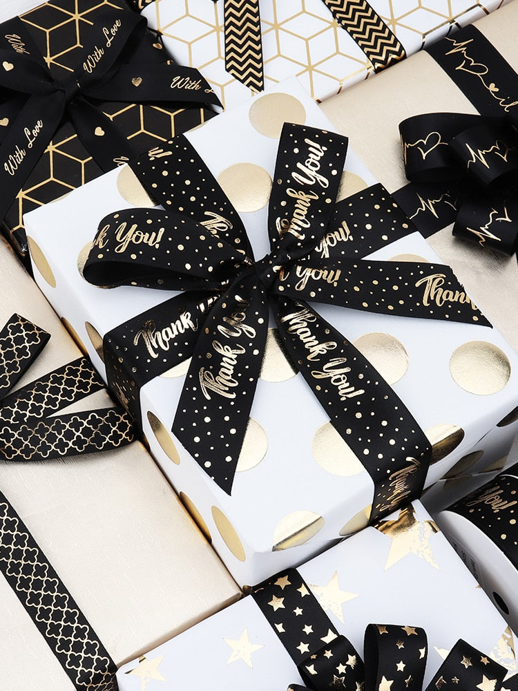 Gift Ribbon Satin Stars/With Love/Love You/Thank You Gold Foil Printed For Gift Wrapping Decoration DIY Craft - KiwisLove