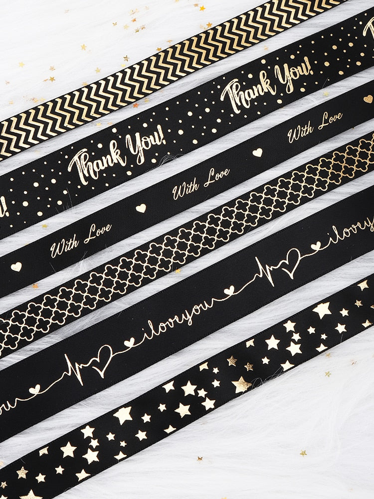 Gift Ribbon Satin Stars/With Love/Love You/Thank You Gold Foil Printed For Gift Wrapping Decoration DIY Craft - KiwisLove