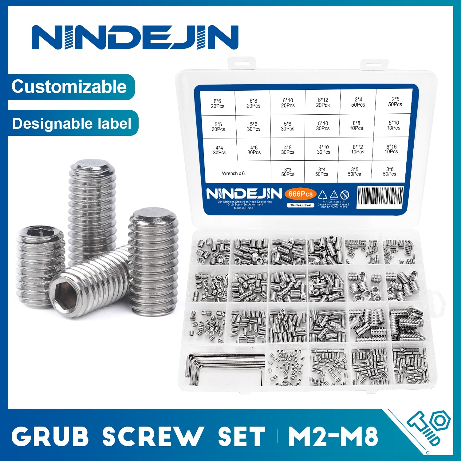 NINDEJIN 666pcs Hex hexagon socket grub screw flat point set stainless steel - KiwisLove