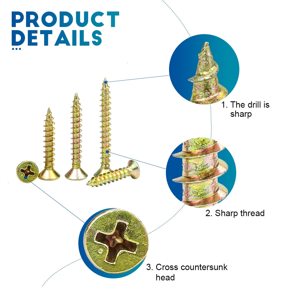 210pcs Wood Screw Set Cross Recessed Zinc Plated Flat Head Self Tapping - KiwisLove