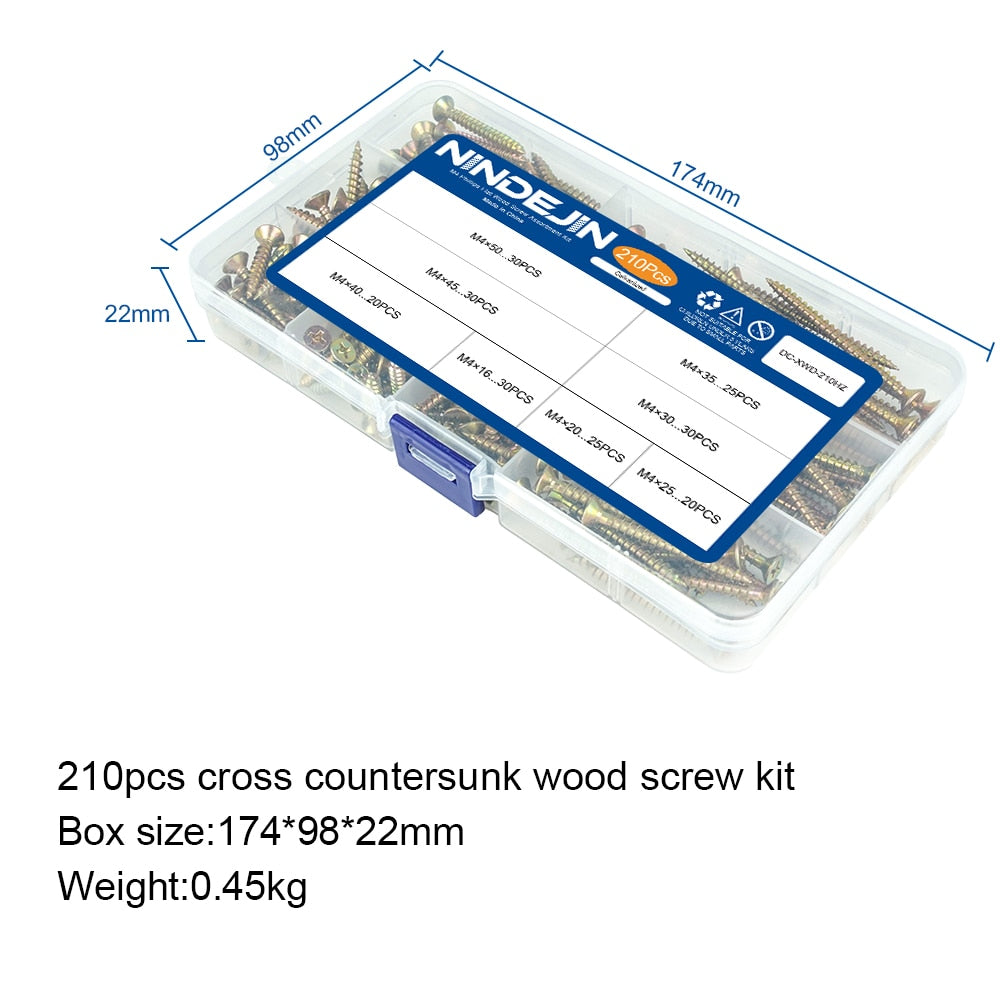 210pcs Wood Screw Set Cross Recessed Zinc Plated Flat Head Self Tapping - KiwisLove