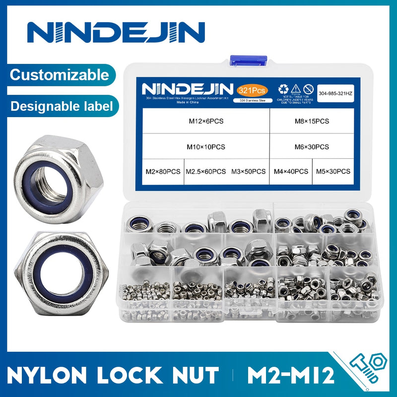 NINDEJIN 321pcs Nylon Lock Nut set 304 Stainless Steel Hex Hexagon - KiwisLove