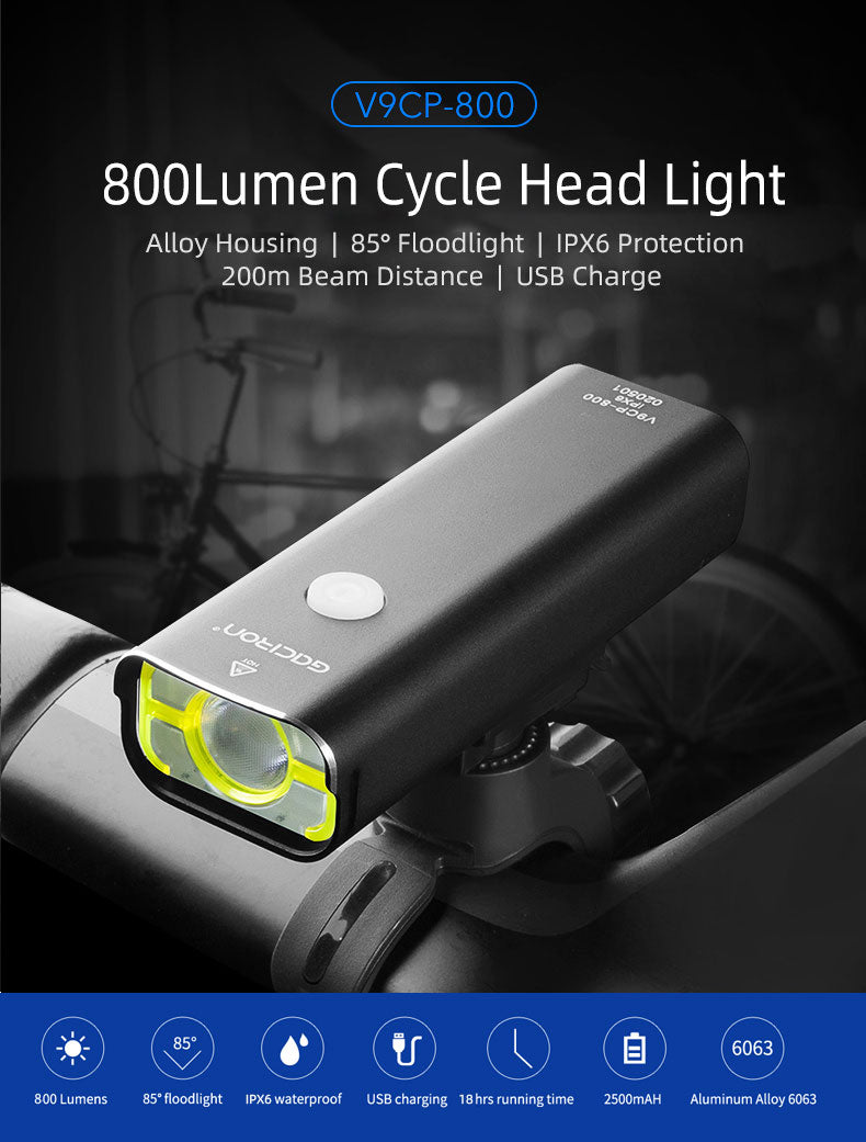 Gaciron Bicycle Headlight 800Lm Eye Friendly Daylight Tone XPL2 Bead 5 Modes 2500mAH Alloy Housing USB Charge LED Torch Lantern - KiwisLove