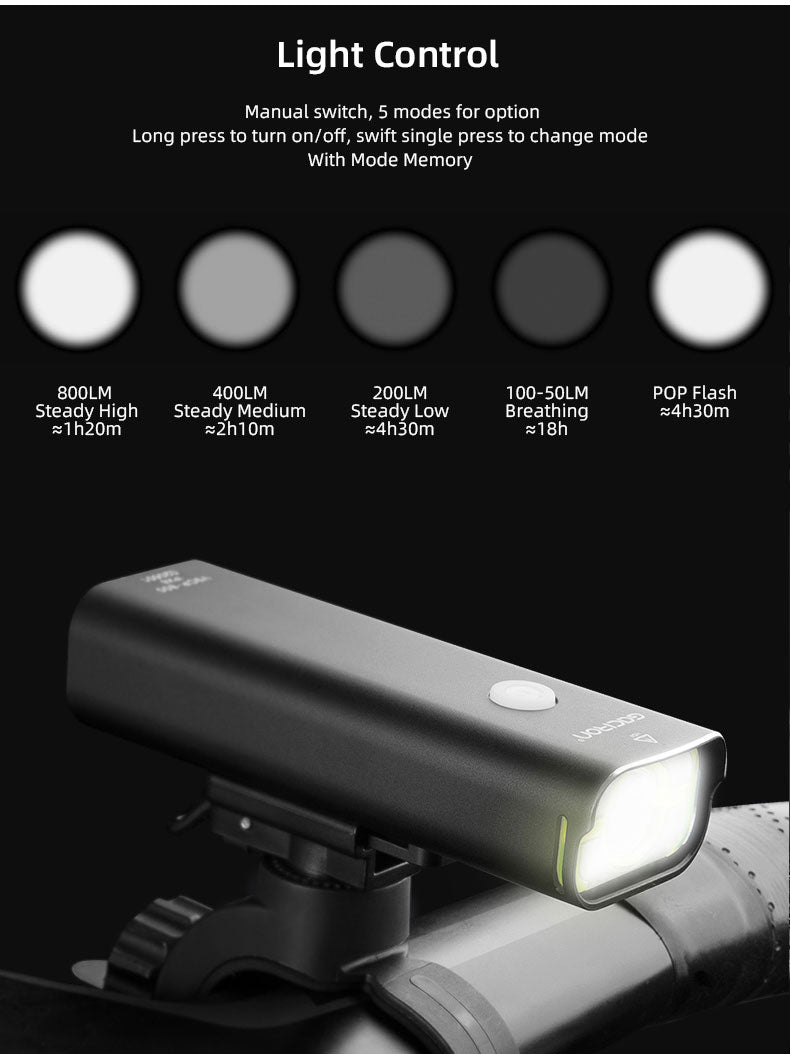 Gaciron Bicycle Headlight 800Lm Eye Friendly Daylight Tone XPL2 Bead 5 Modes 2500mAH Alloy Housing USB Charge LED Torch Lantern - KiwisLove