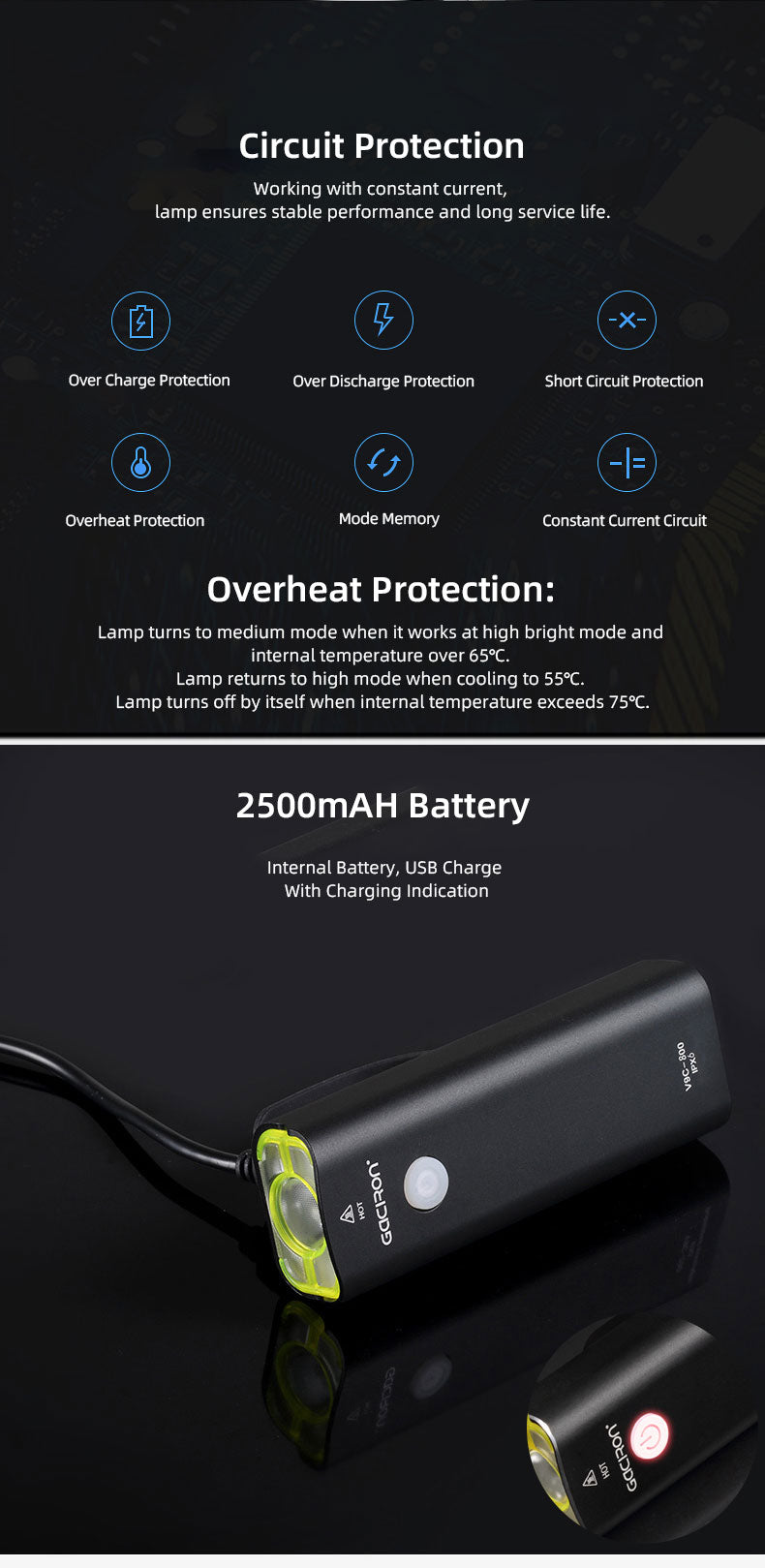 Gaciron Bicycle Headlight 800Lm Eye Friendly Daylight Tone XPL2 Bead 5 Modes 2500mAH Alloy Housing USB Charge LED Torch Lantern - KiwisLove