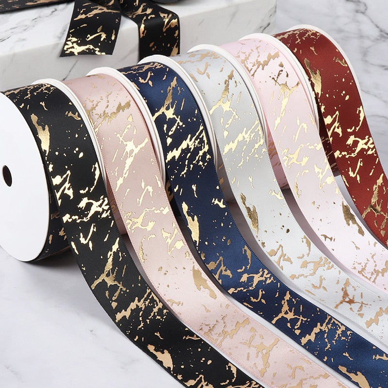 25mm Gift Ribbon Satin Marble/Crack Gold Foil Printed For Gift Wrapping Home Decor Handmade Hair Bow Material DIY Craft Ribbon - KiwisLove