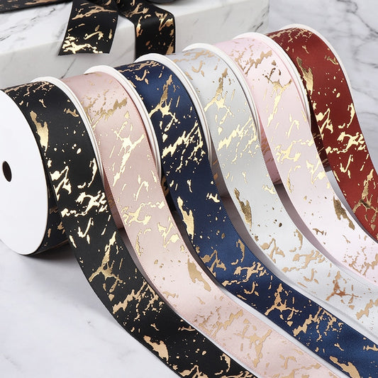 25mm Gift Ribbon Satin Marble/Crack Gold Foil Printed For Gift Wrapping Home Decor Handmade Hair Bow Material DIY Craft Ribbon - KiwisLove