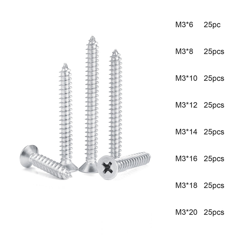 200pcs/set Countersunk flat head tapping screws with cross recessed M3 - KiwisLove