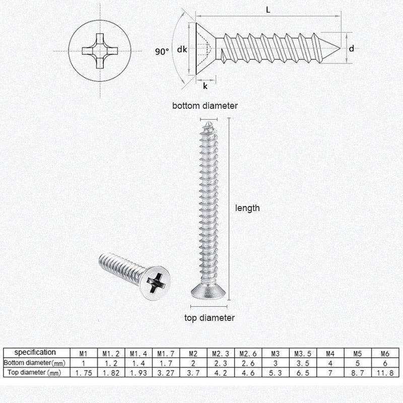 200pcs/set Countersunk flat head tapping screws with cross recessed M3 - KiwisLove