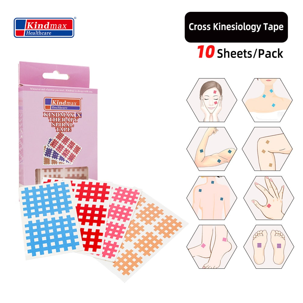 (Pack of 10 sheets) Kindmax Healthcare Spiral Cross Kinesiology Tape Physical Therapy Cross Tape for Pain Relief - KiwisLove