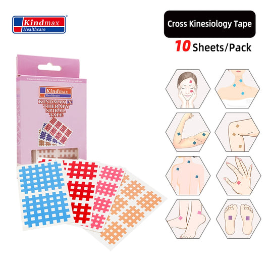 (Pack of 10 sheets) Kindmax Healthcare Spiral Cross Kinesiology Tape Physical Therapy Cross Tape for Pain Relief - KiwisLove