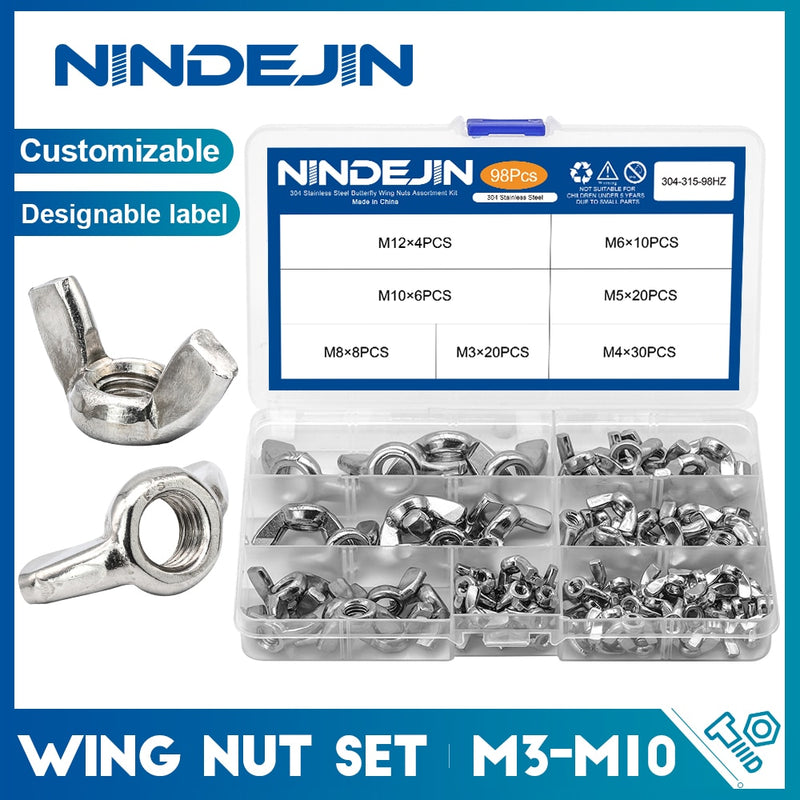 NINDEJIN 98pcs Wing Nut assortment kit Wingnut butterfly nut drum bicycle - KiwisLove