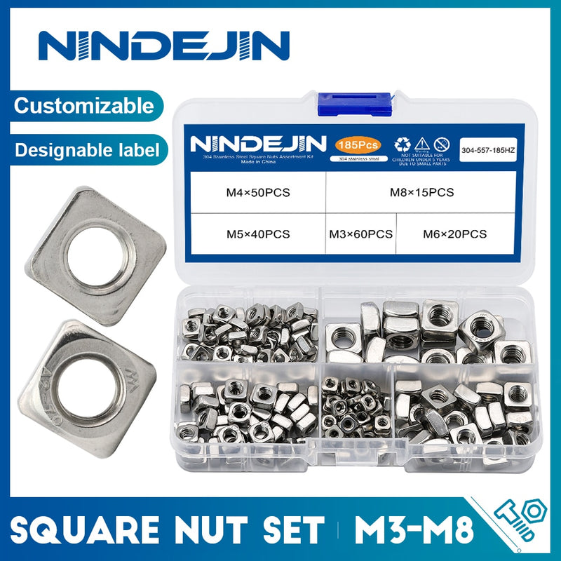 185pcs Square Nuts Assortment Kit A2 Stainless Steel Metric Square Nuts - KiwisLove