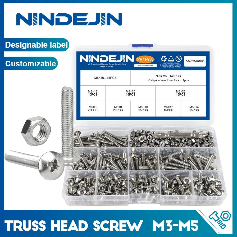 NINDEJIN Truss Round Head Screw Set Stainless Steel Phillips with Nuts - KiwisLove