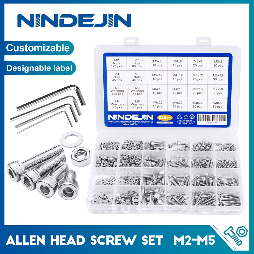 NINDEJIN 880pcs Hex Socket  Hexagon Flat Round Cap Head Cap Screw Set - KiwisLove