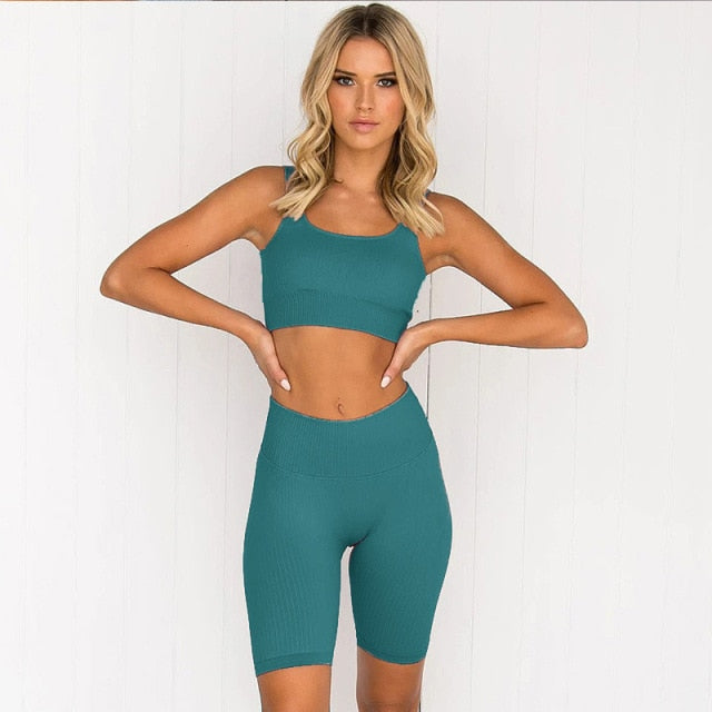 Women Yoga Sets Semaless Fitness Suits Tank Top Shorts Leggings Sets Gym Running - KiwisLove