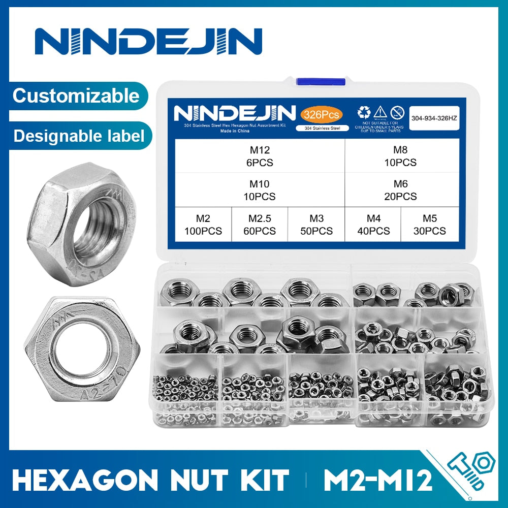 NINDEJIN 326pcs Hex Hexagon Nuts Assortment Kit  Stainless Steel Metric - KiwisLove
