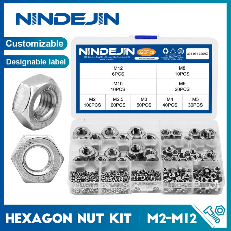 NINDEJIN 326pcs Hex Hexagon Nuts Assortment Kit  Stainless Steel Metric - KiwisLove